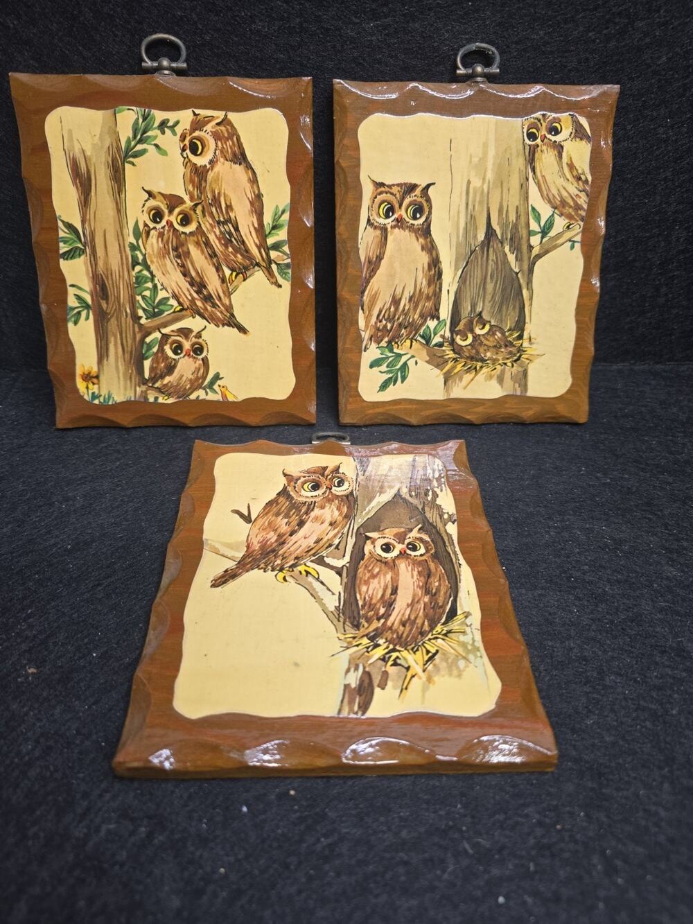 Set of 3 Vintage 70s-80s Decoupage Wooden Owl Wall Plaques